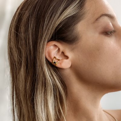 Women's Earrings 3rd Floor Ear Cuff Eday Handmade Gold Tone With Black Stone