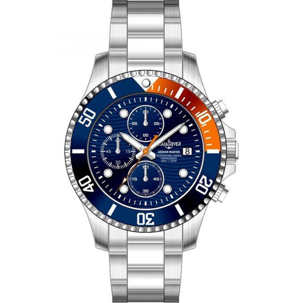 Men's Watch Aquadiver Aegean 44mm Master Chronograph Silver/Orange/Blue Stainless Steel Bracelet SS15023G200