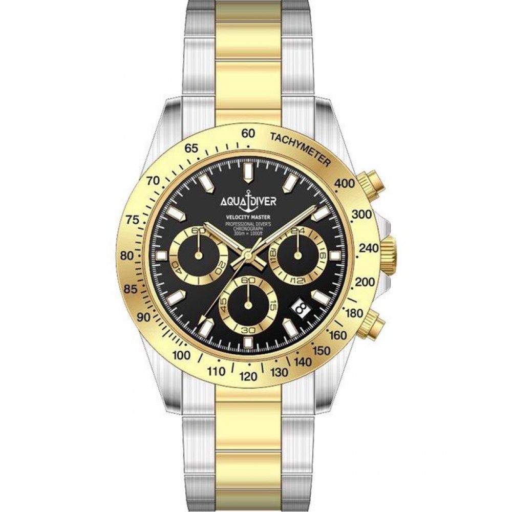 Men's Watch Aquadiver Velocity Master Two Tone Chronograph 40mm Silver/Gold/Black Stainless Steel Bracelet SS22187G50