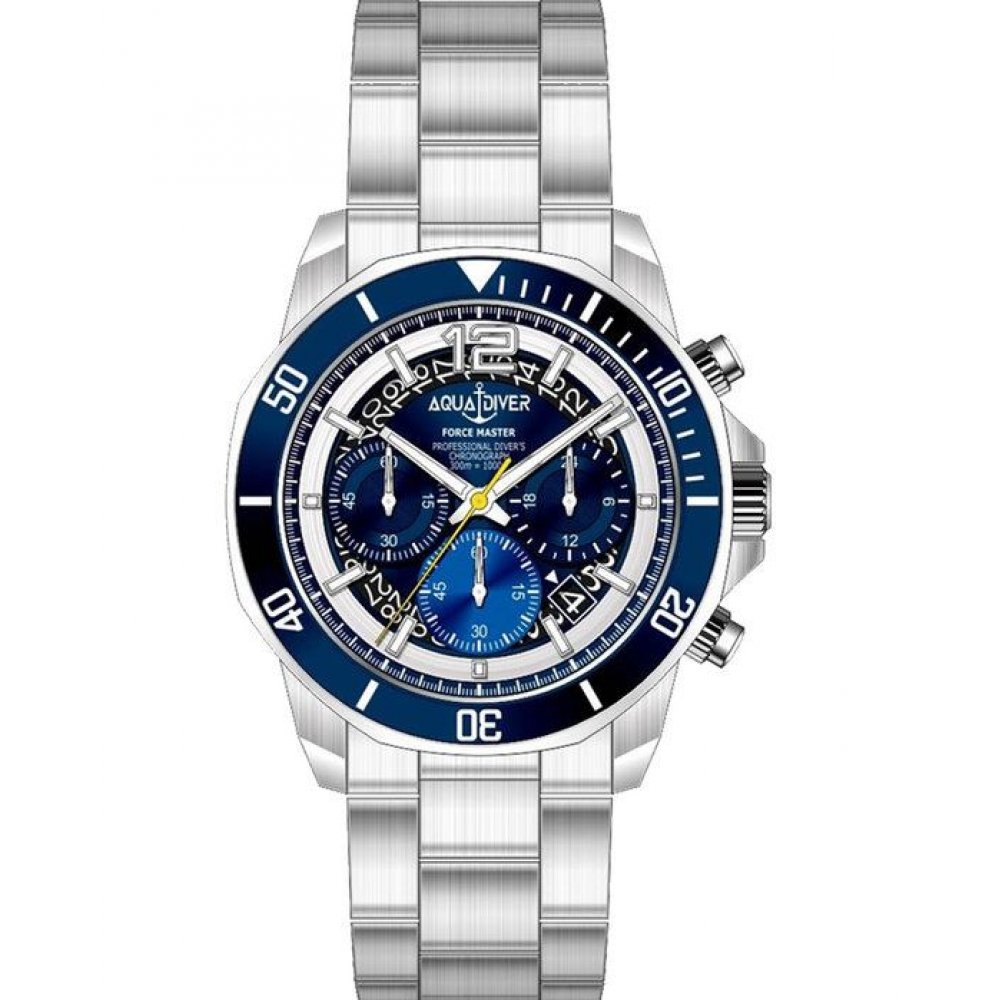 Men's Watch Aquadiver Force Master Chronograph 42mm Silver/Blue Stainless Steel Bracelet SS23086G1218