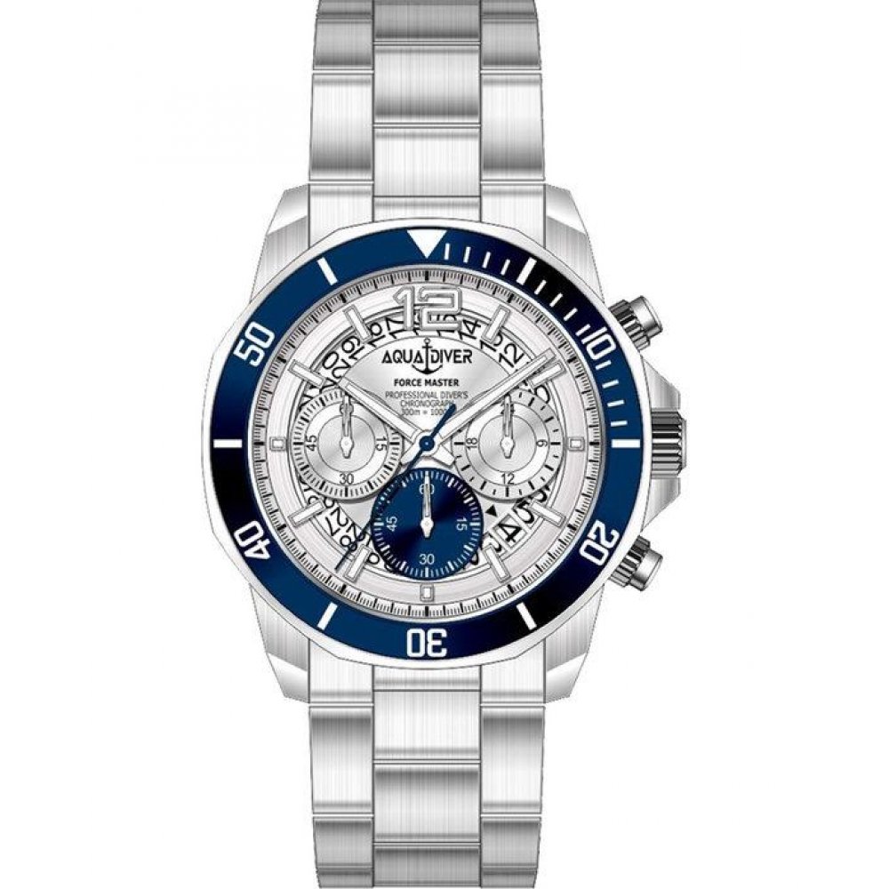 Men s Watch Aquadiver Force Master Chronograph 42mm Silver Blue Stainless Steel Bracelet SS23086G16 SS23086G17