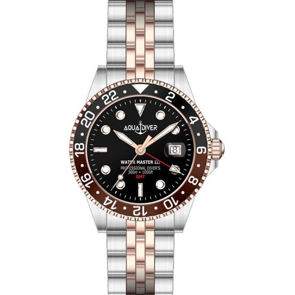 Ανδρικό Ρολόι Aquadiver Water Master III GMT 42mm  Ανοξείδωτο Ατσάλι Μπρασελέ Ασημί/Ροζ Χρυσό/Μαύρο SS23156G27