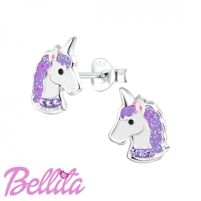 Kid's Earrings Bellita Stud Purple Unicorns Platinum Plated 925 Sterling Silver Bell3482