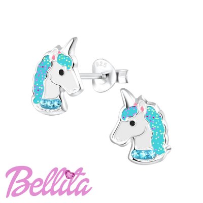 Kid's Earrings Bellita Stud Blue Unicorns Platinum Plated 925 Sterling Silver Bell9771