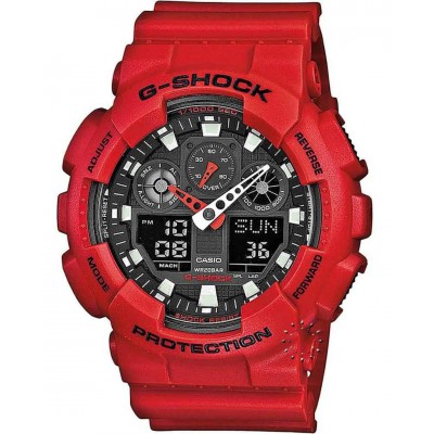 Men's Watch Casio G-Shock Chronograph 51mm Red Rubber Strap Black GA-100B-4AER