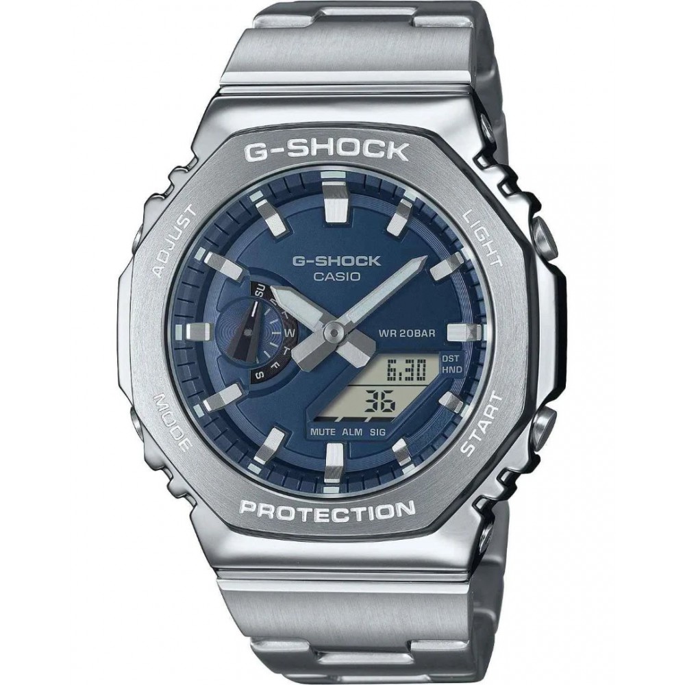 Men's Watch Casio G-Shock Dual Time Chronograph 45mm Stainless Steel Bracelet Silver/Blue GM-2110D-2BER