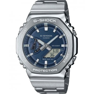 Men's Watch Casio G-Shock Dual Time Chronograph 45mm Stainless Steel Bracelet Silver/Blue GM-2110D-2BER