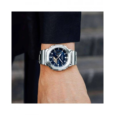 Men's Watch Casio G-Shock Dual Time Chronograph 45mm Stainless Steel Bracelet Silver/Blue GM-2110D-2BER