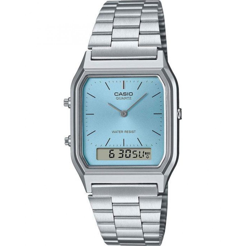 Unisex Ρολόι CASIO Vintage Dual Time Chronograph Ανοξείδωτο Ατσάλι Μπρασελέ Ασημί/Μπλε AQ-230A-2A1MQYES