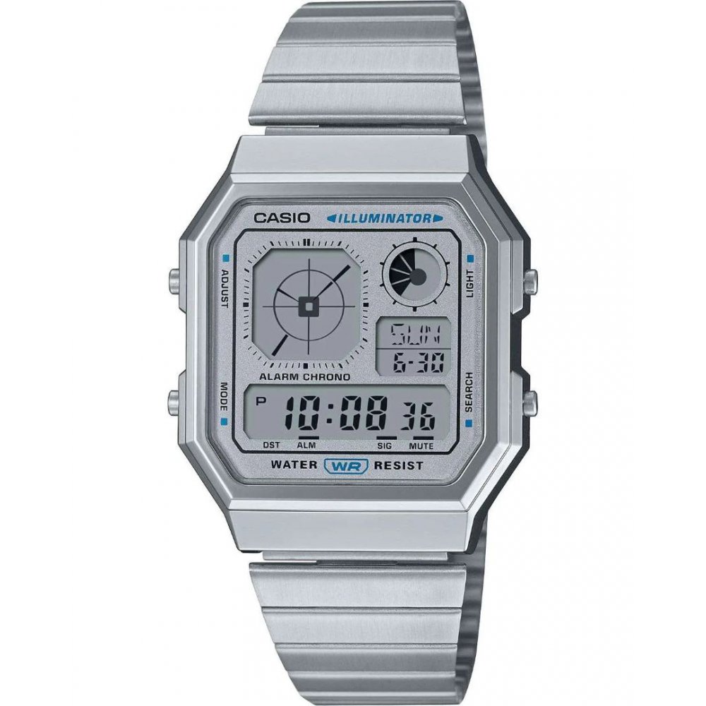 Unisex Watch CASIO Vintage Dual Time Chronograph Silver Stainless Steel Bracelet A-130WE-7AEF