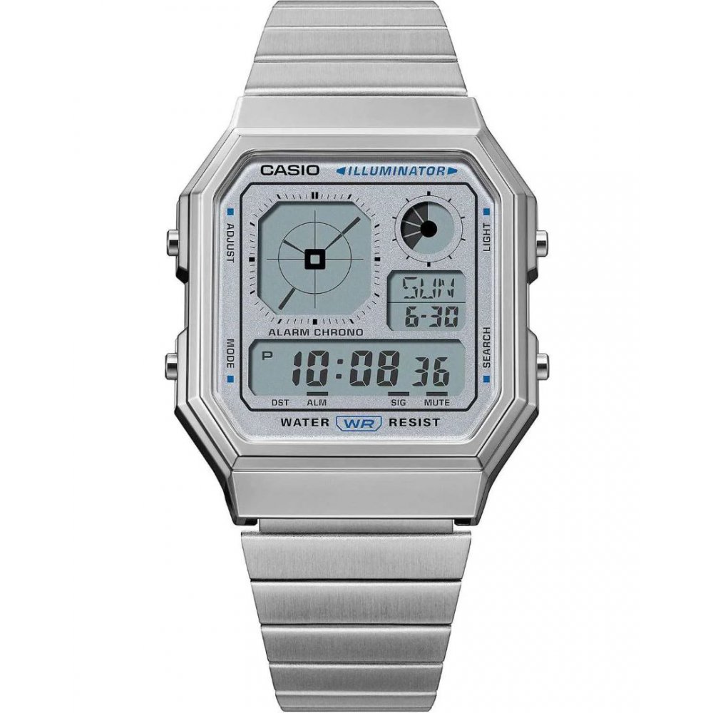 Unisex Watch CASIO Vintage Dual Time Chronograph Silver Stainless Steel Bracelet A-130WE-7AEF