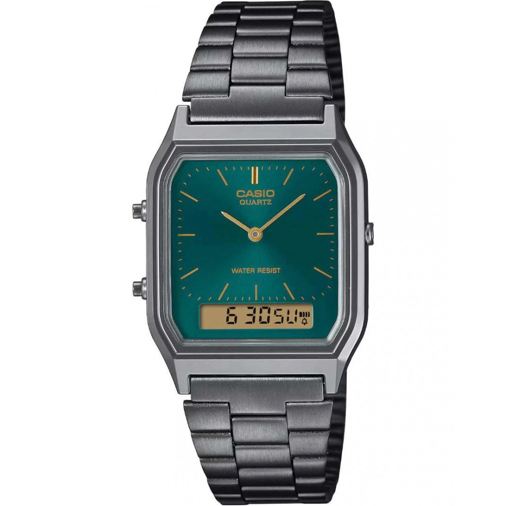Woman's Watch CASIO Vintage Edgy Dual Time Chronograph Grey/Green AQ-230EGG-3AEF