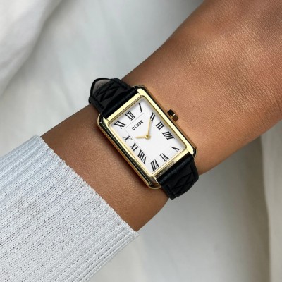 Woman's Watch CLUSE Belisenna 21mm Black Leather Band Gold/White CW15005