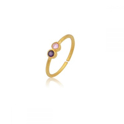 Woman's Ring Eleni Tsaprali Shinny Dot X 2 Gold Plated 925 Sterling Silver Lilac Purple Zirconia 06001