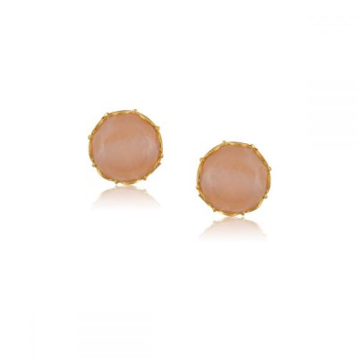 Woman's Earrings Eleni Tsaprali Stone Large Pink Quartz Gold Plated 925 Sterling Silver 0229-E1