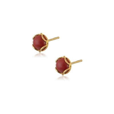 Woman's Earrings Eleni Tsaprali Stone Small Red Coral Gold Plated 925 Sterling Silver 0125-1