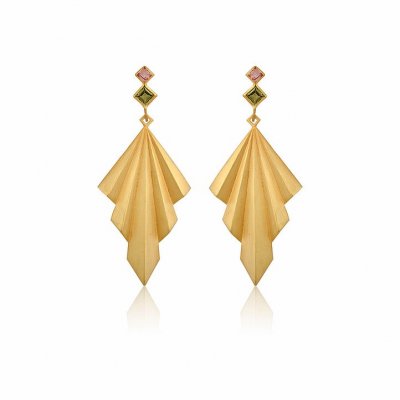 Woman's Earrings Fey Papanikou Precious Stones Double Folds Silver Gold Plated
