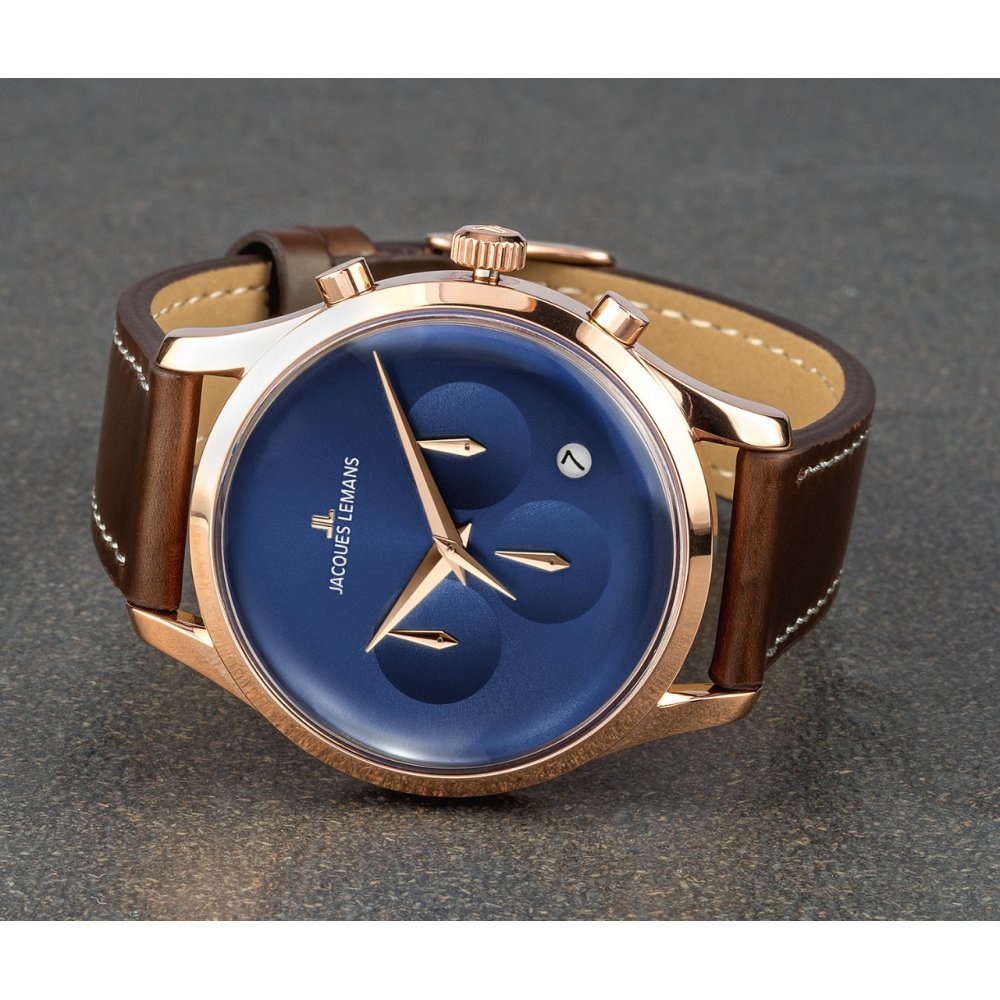 Unisex Watch JACQUES LEMANS Retro Classic Chronograph Brown Leather Strap -  1-2067G