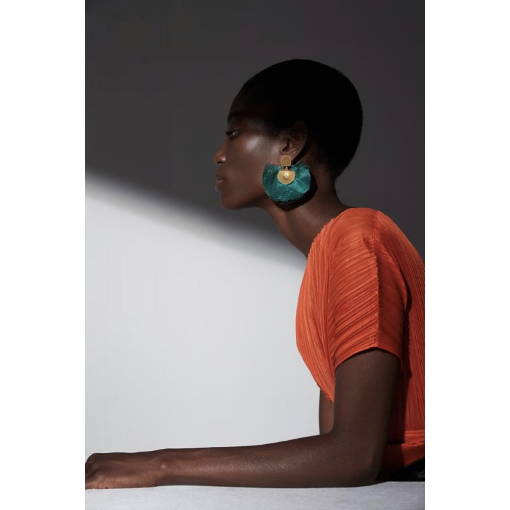 Woman's Earrings Katerina Makriyianni Mini silky Fan Green 24K Gold Plated Bronze Silk K10.E15.EGR