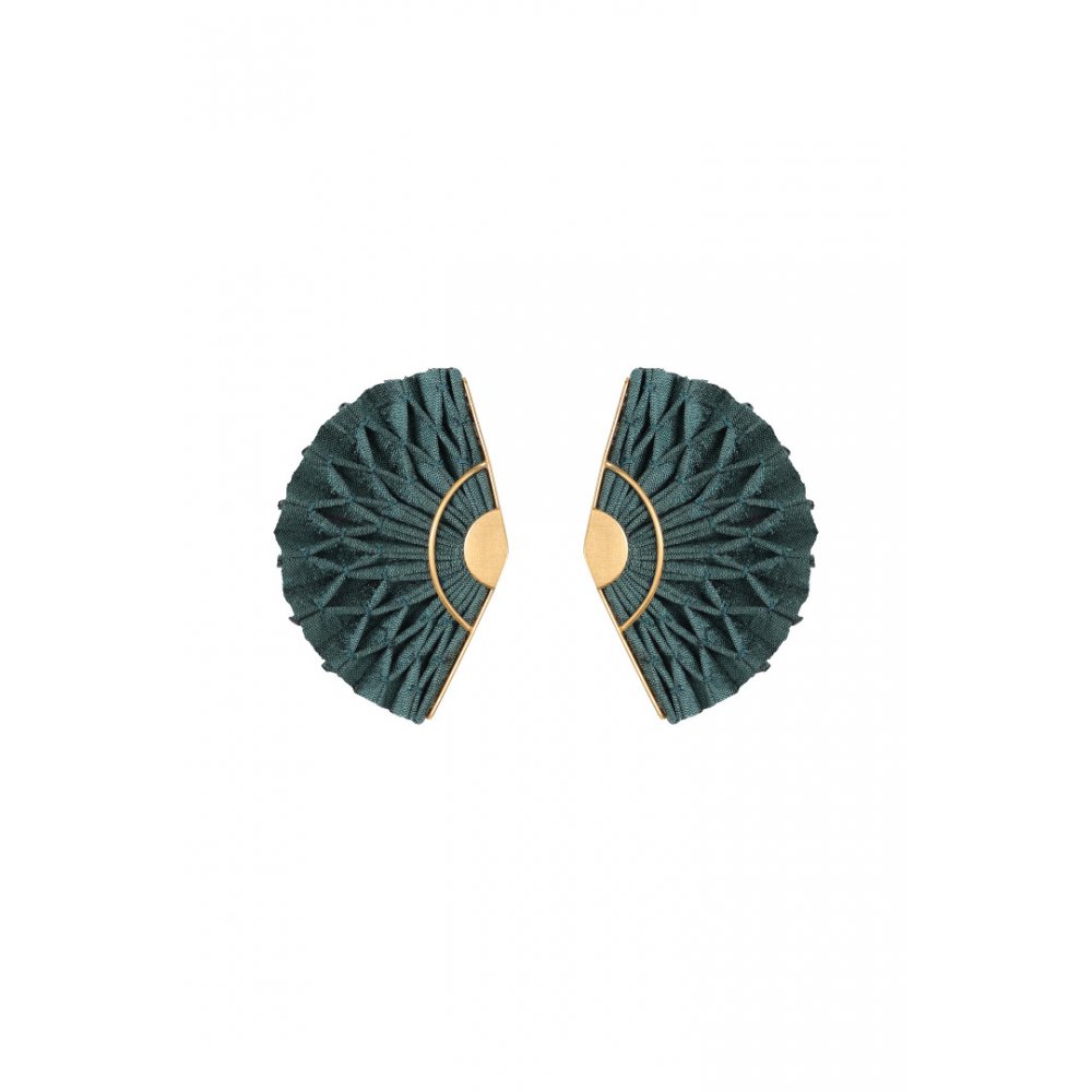 Γυναικεία Σκουλαρίκια Katerina Makriyianni Kypseli Fan 24K Επιχρυσωμένος Μπρούτζος και Ασήμι Πετρόλ Μετάξι K22.E3.P