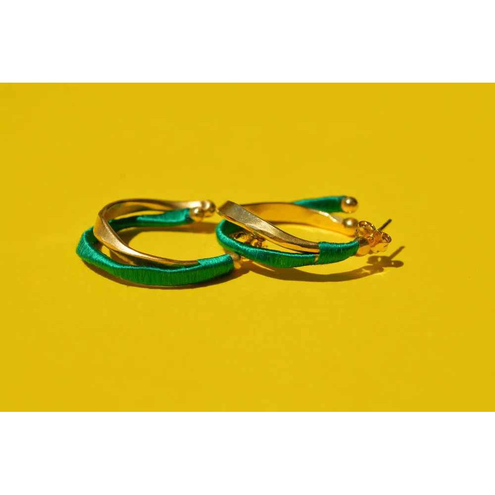 Γυναικεία Σκουλαρίκια Katerina Makriyianni Mini Kyma Hoops Green 24K Επιχρυσωμένος Μπρούτζος και Ασήμι Πράσινο Μετάξι K23.E3.S.EGR