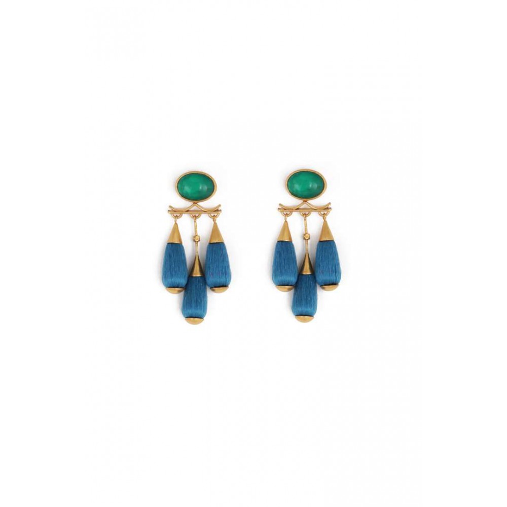 Woman's Earrings Katerina Makriyianni Sanaa Chandaliers Gold Plated Bronze Jade Silk K21.E6.GR/B