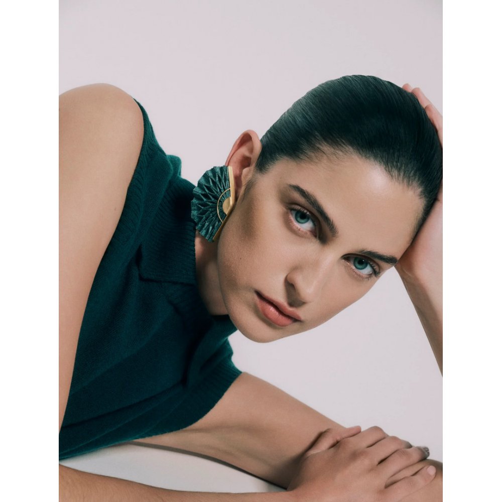 Γυναικεία Σκουλαρίκια Katerina Makriyianni Kypseli Fan 24K Επιχρυσωμένος Μπρούτζος και Ασήμι Πετρόλ Μετάξι K22.E3.P