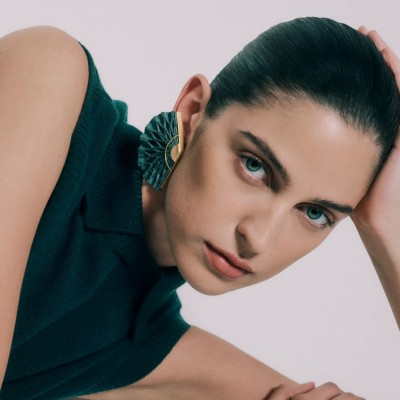 Γυναικεία Σκουλαρίκια Katerina Makriyianni Kypseli Fan 24K Επιχρυσωμένος Μπρούτζος και Ασήμι Πετρόλ Μετάξι K22.E3.P