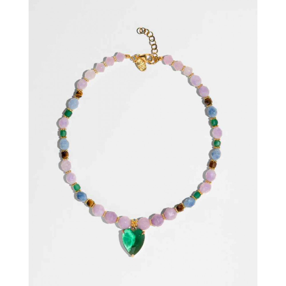 Woman's Necklace KATERINA PSOMA Amore Green Heart Short Gold Plated Brass Crystals AM01N02G