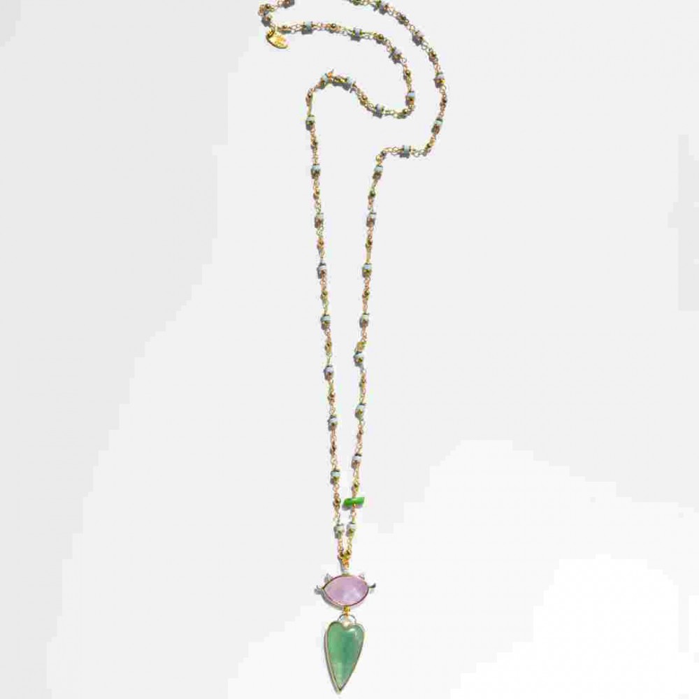 Woman's Necklace KATERINA PSOMA Amore Long Gold Plated Brass Agate Green SSN2632GR