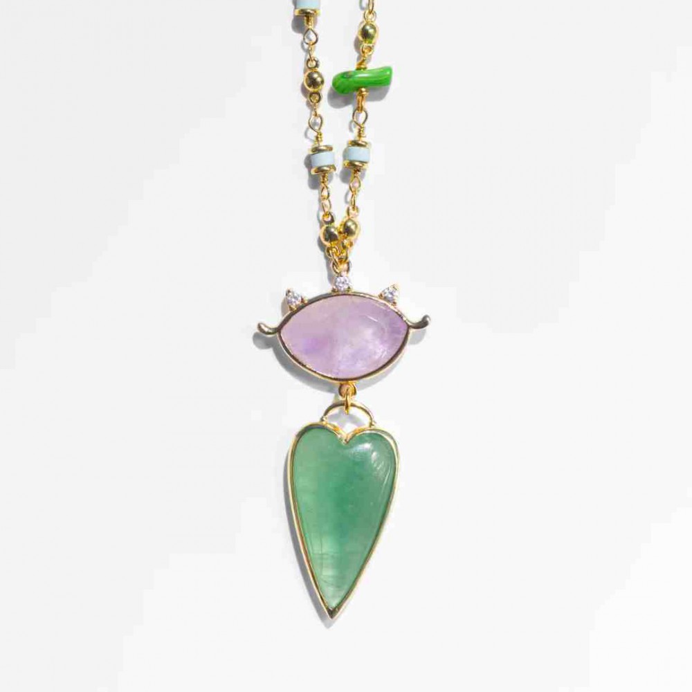 Woman's Necklace KATERINA PSOMA Amore Long Gold Plated Brass Agate Green SSN2632GR