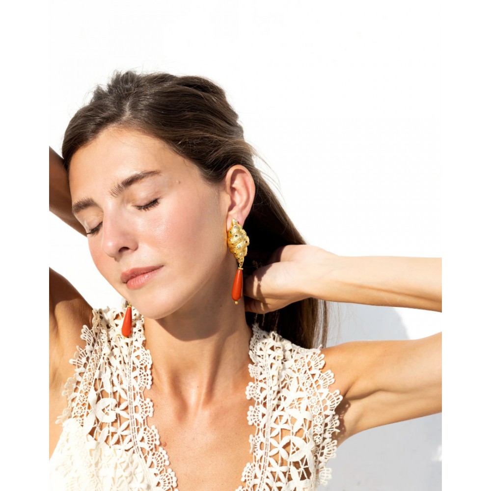 Γυναικεία Σκουλαρίκια KATERINA PSOMA Calypso Shell Dangles Επιχρυσωμένος Ορείχαλκος Κρύσταλοι SSE2602CR