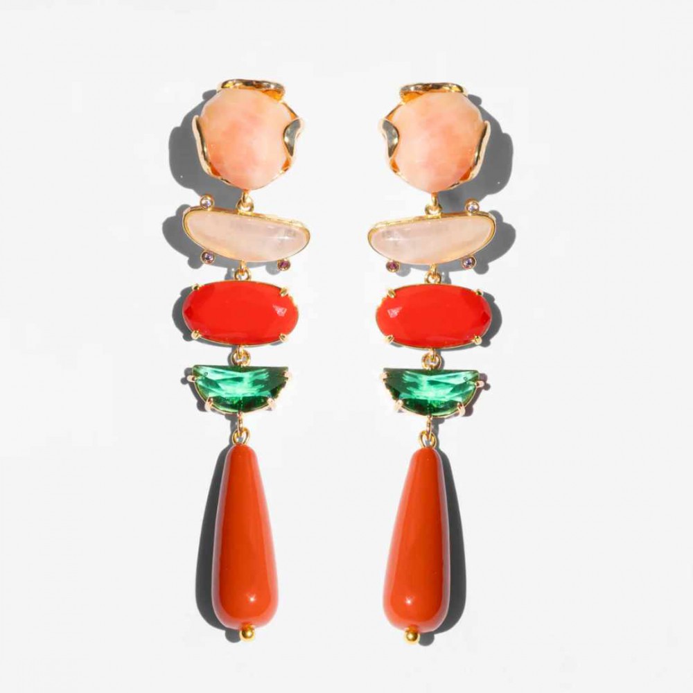 Γυναικεία Σκουλαρίκια KATERINA PSOMA Brigitte Coral Drop Επιχρυσωμένος Ορείχαλκος Κοραλί Πολύπλευροι Κρύσταλλοι SS2612CR