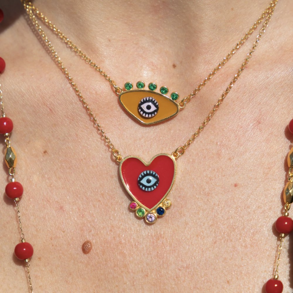 Γυναικείο Κολιέ KATERINA PSOMA Dark Yellow Evil Eye Heart Επιχρυσωμένος Ορείχαλκος Κίτρινο Σμάλτο Κρύσταλλοι EVN02MS