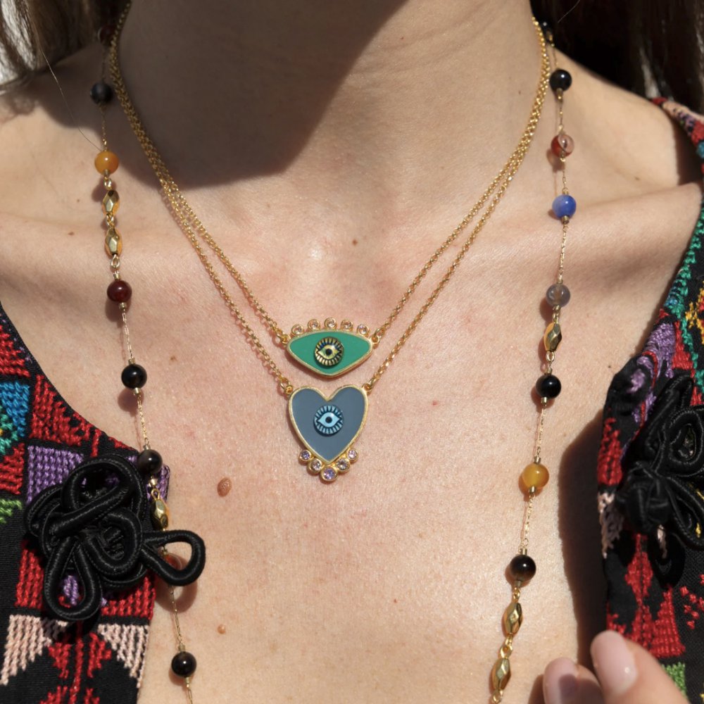 Γυναικείο Κολιέ KATERINA PSOMA Grey Evil Eye Heart Επιχρυσωμένος Ορείχαλκος Κρύσταλλοι EVNHR01GR