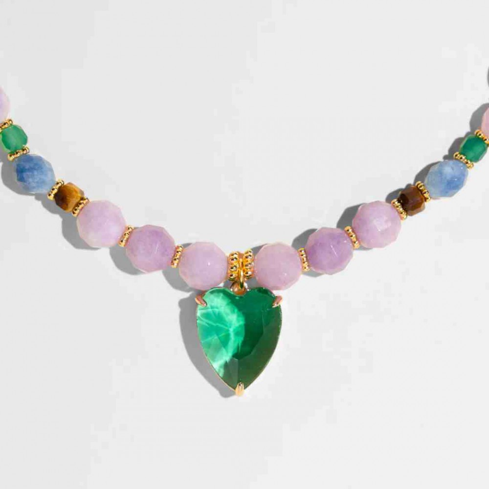 Woman's Necklace KATERINA PSOMA Amore Green Heart Short Gold Plated Brass Crystals AM01N02G