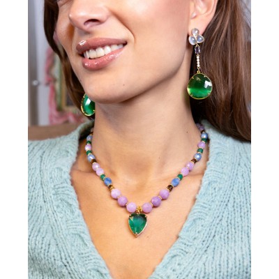 Woman's Necklace KATERINA PSOMA Amore Green Heart Short Gold Plated Brass Crystals AM01N02G