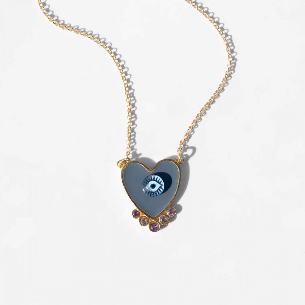 Γυναικείο Κολιέ KATERINA PSOMA Grey Evil Eye Heart Επιχρυσωμένος Ορείχαλκος Κρύσταλλοι EVNHR01GR