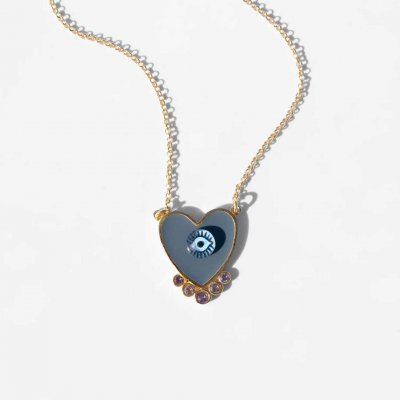 Woman's Necklace KATERINA PSOMA Grey Evil Eye Heart Gold Plated Brass Grey Enamel Crystals EVNHR01GR Woman's Necklace KATERINA PSOMA Grey Evil Eye Heart Gold Plated Brass Grey Enamel Crystals EVNHR01GR