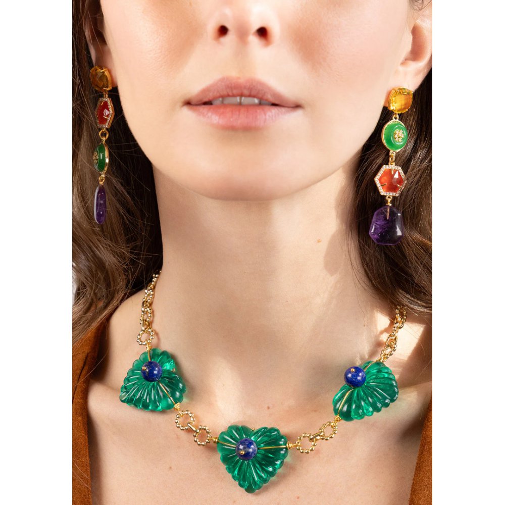 Woman's Necklace KATERINA PSOMA Amore Green Hearts Short Gold Plated Brass Acrylic FWN2607