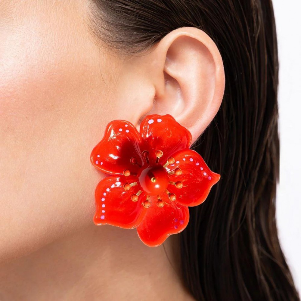 Γυναικεία Σκουλαρίκια KATERINA PSOMA Cassia Red Flower Επιχρυσωμένος Ορείχαλκος Ρητίνη Αχάτης SS25AE02RD
