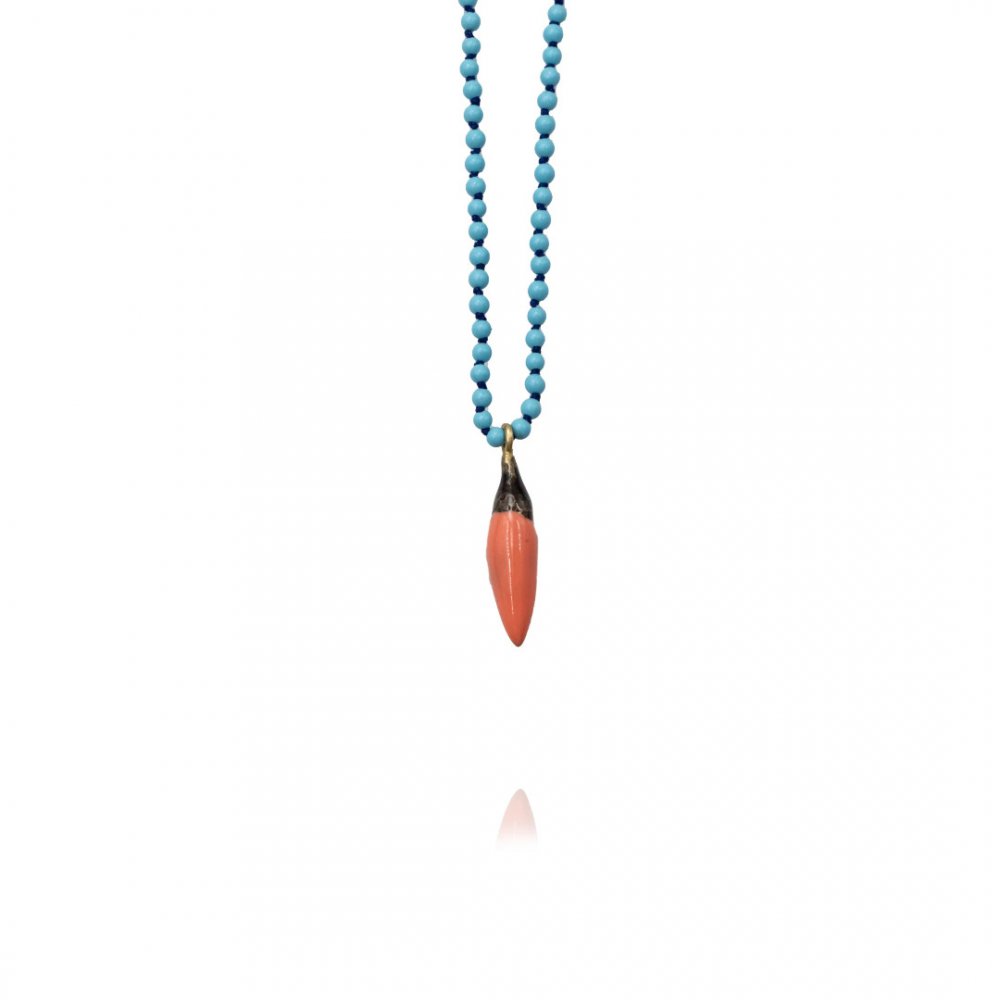 Women's Necklace Maria Kaprili Soo Hot Chili Small Somon Pepper, Turquoise Beads Blue Cord 1795S