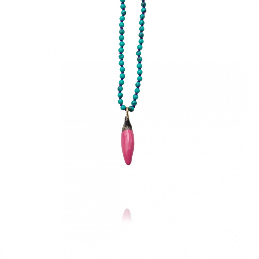 Women's Necklace Maria Kaprili Soo Hot Chili Small Pink Pepper, Turquoise Beads Blue Cord 1795SPB
