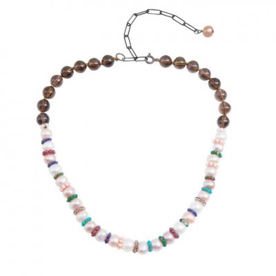Woman's Necklace Disco Pearl Maria Kaprili Sterling Silver with Pearls, Smokey Quartz and multi stones