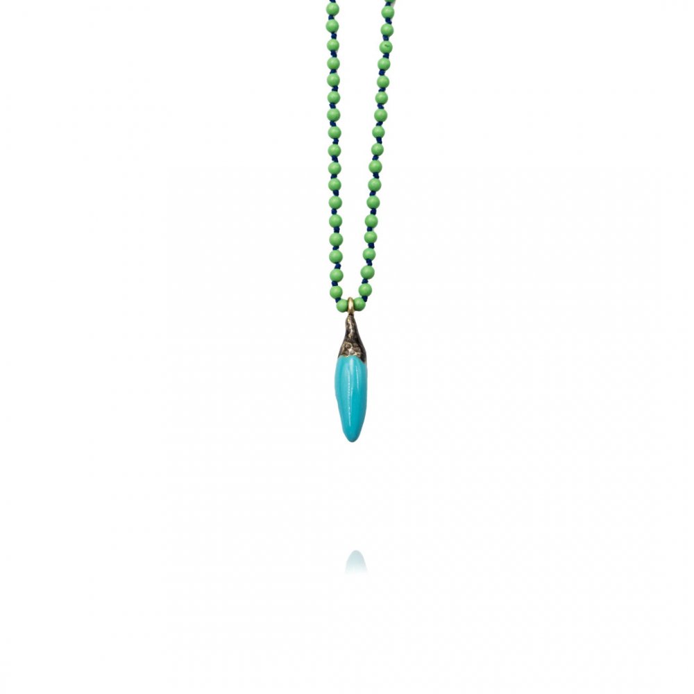 Women's Necklace Maria Kaprili Soo Hot Chili Small Light Blue Pepper,Green Turquoise Beads Blue Cord 1797SLB