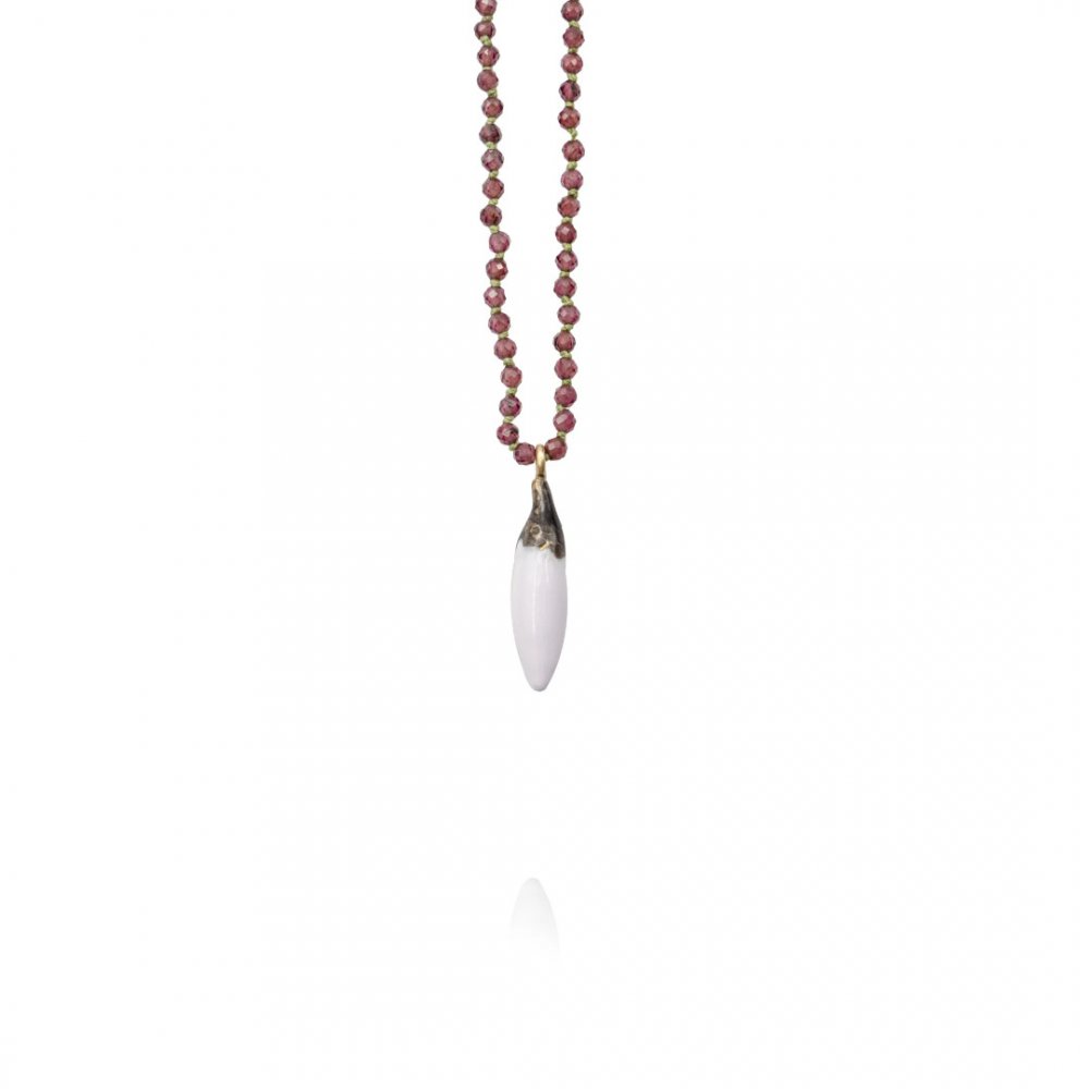 Women's Necklace Maria Kaprili Soo Hot Chili with X-Small White Pepper, Garnet Beads,Lime Cord 1796W