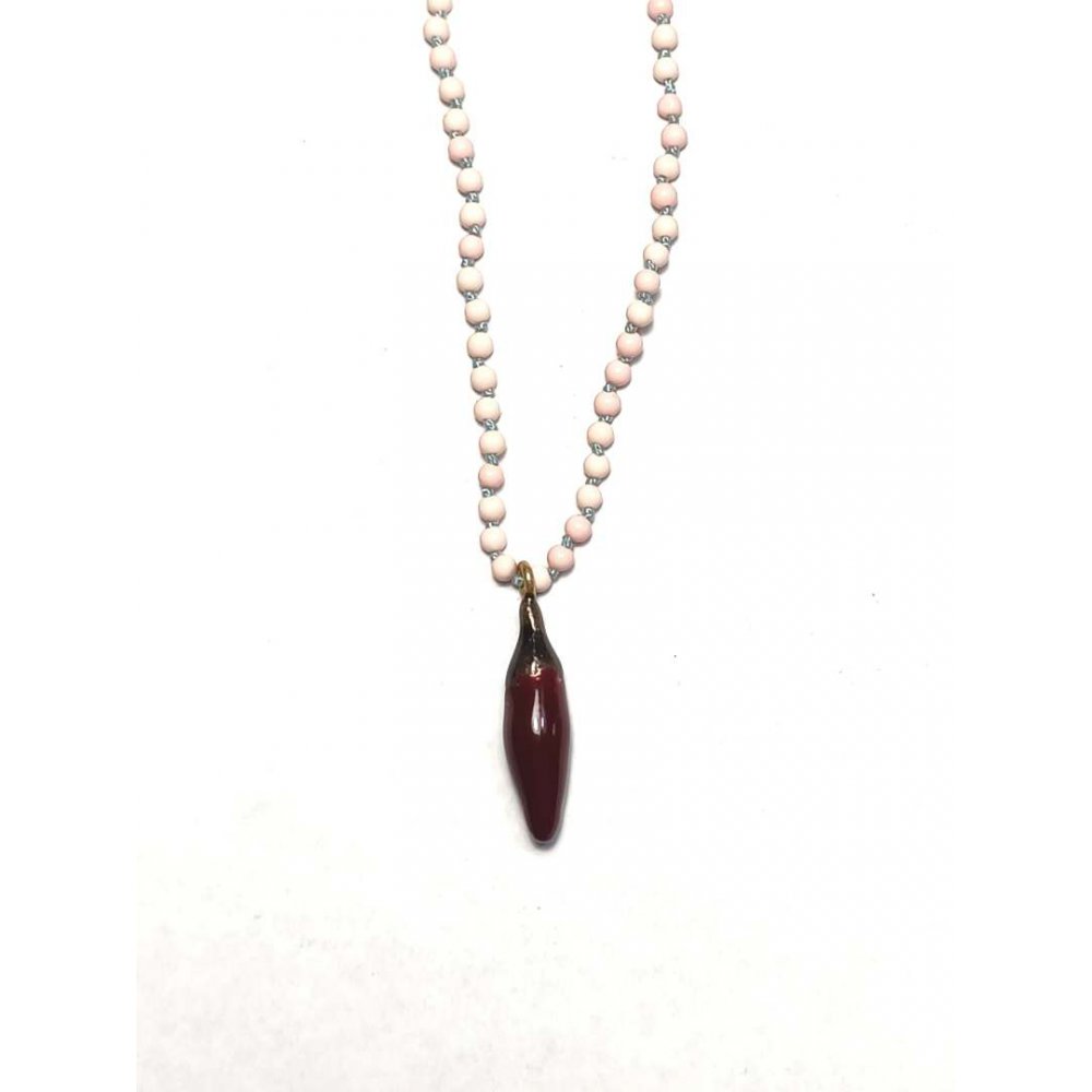 Women's Necklace Maria Kaprili Soo Hot Chili Small Burgundy Pepper,Baby Pink Coral Beads Aqua Cord 1795SB