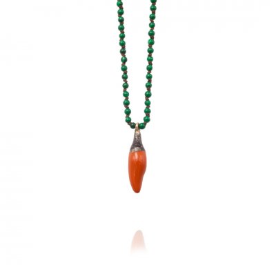 Women's Necklace Maria Kaprili Soo Hot Chili with X-Small Orange Pepper, Malachite beads and Brown cord 1795
