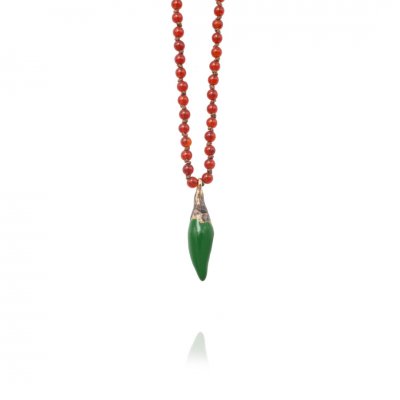 Women's Necklace Maria Kaprili Soo Hot Chili with X-Small Green Pepper, Corneol beads and Brown cord 1791