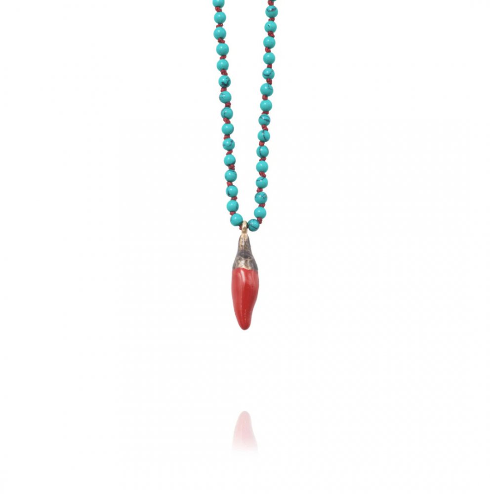 Women's Necklace Maria Kaprili Soo Hot Chili Small Red Pepper, Turquoise Beads Red Cord 1795SR